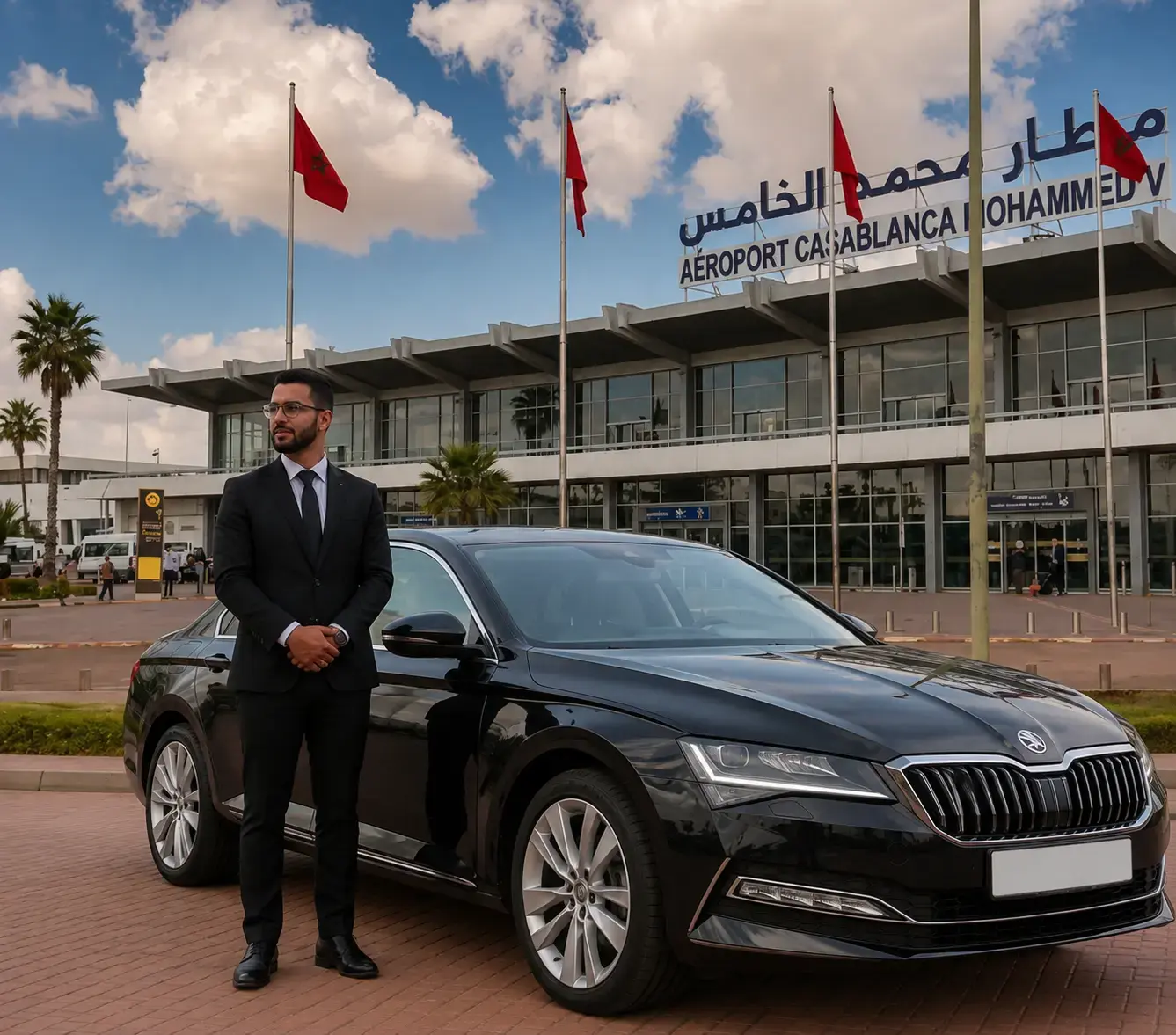 Professional chauffeur beside a black executive car at Casablanca Mohammed V Airport